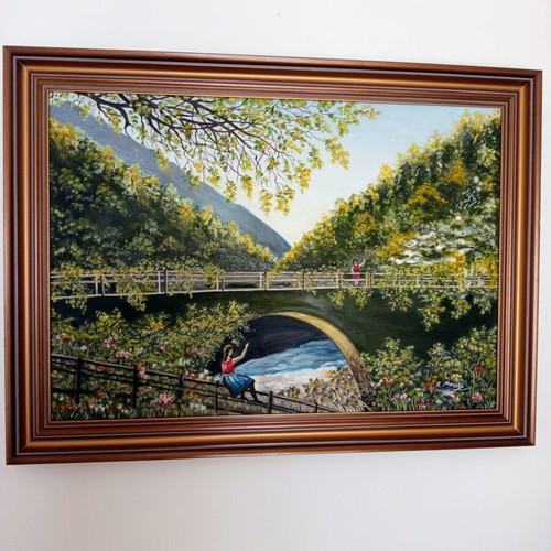 Original oil painting landscape with bridge by Chrysoula Bala, like new