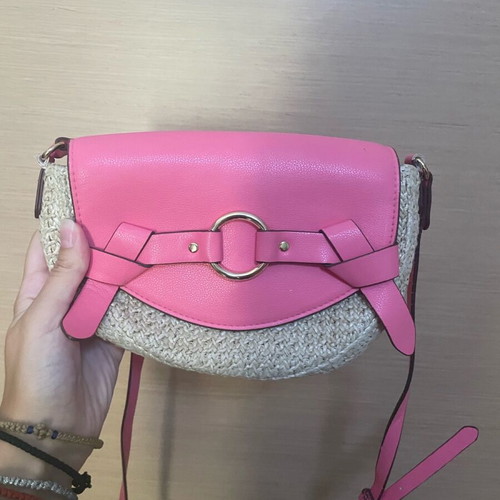 H&M straw bag used, pink and beige crossbody