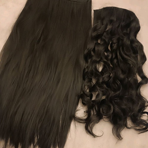 Synthetic black hair extensions like new, two straight and one curly