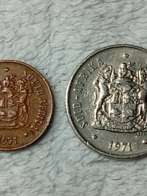 South African coins used, set of 2, 1971 1 cent and 20 cents