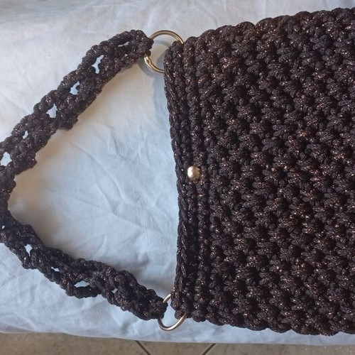 Handmade knitted shoulder bag new, brown with gold lurex