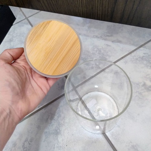 Glass jar with wooden lid like new