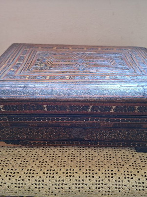 Wooden antique jewelry box with Khatam Kari marquetry used