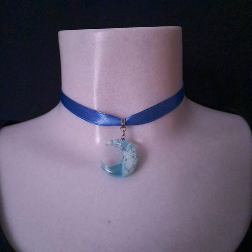 Choker ribbon blue moon handmade, satin with stainless steel clasp