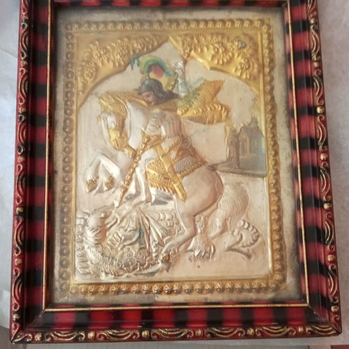 Old Saint George icon used, silver and gold 18x15 cm