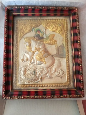 Old Saint George icon used, silver and gold 18x15 cm