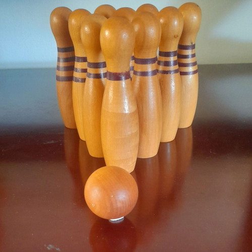 Wooden mini bowling decorative like new with 10 pins and ball