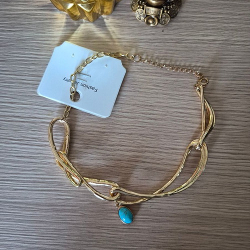 Gold Necklace with Blue Stone Made of Steel New