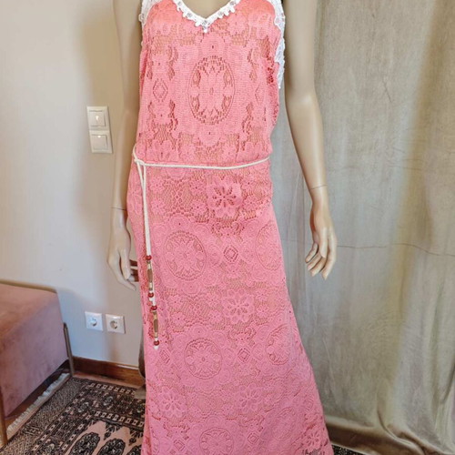 Vintage lace dress coral pink S/M