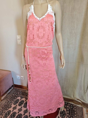 Vintage lace dress coral pink S/M