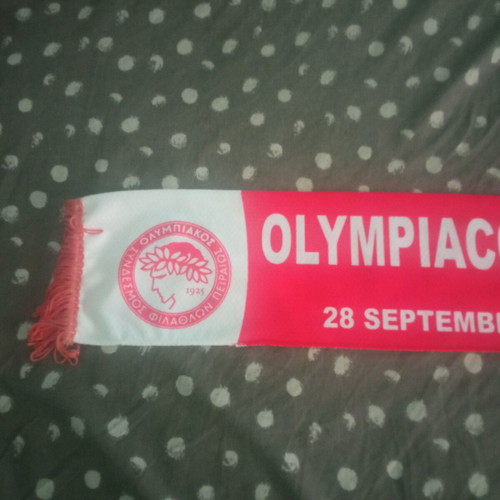 Vintage Olympiacos Liverpool Scarf used, Karaiskakis Stadium 2004