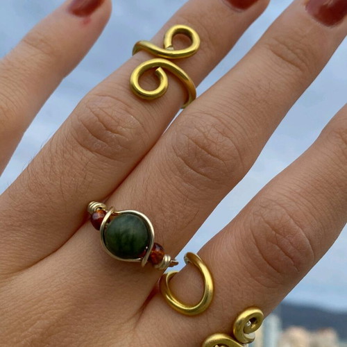 Stainless steel set of 3 handmade rings with nephrite gemstone