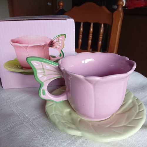 Pink butterfly cup and saucer set new