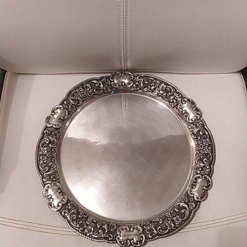 Silver-plated antique handmade tray used, diameter 34 cm