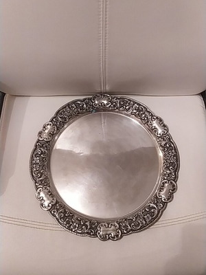 Silver-plated antique handmade tray used, diameter 34 cm