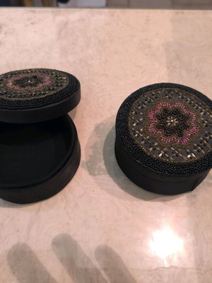 Set of 2 round black embroidered jewellery boxes new