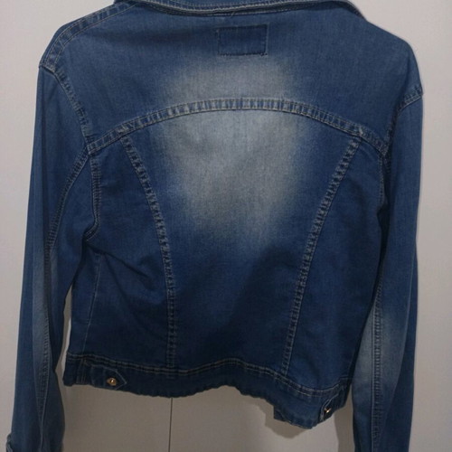 Denim jacket women's used, blue with stain on sleeve