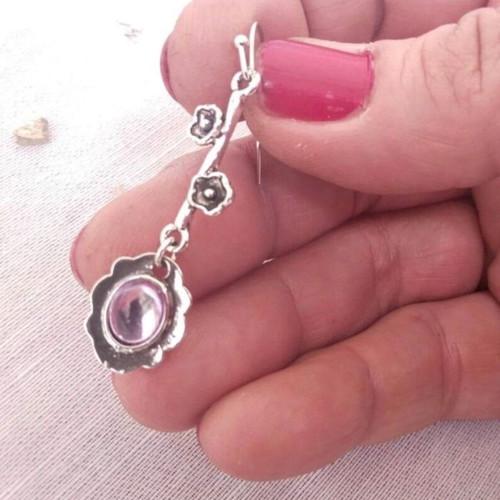 Asymmetric silver flower earrings with purple crystal new