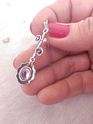 Asymmetric silver flower earrings with purple crystal new