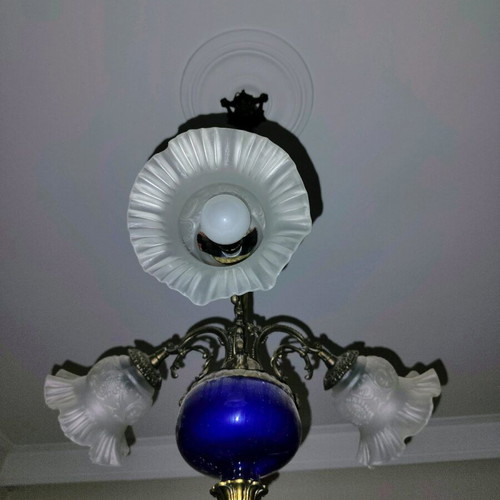 Vintage ceiling light like new with brass frame and glass details