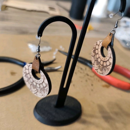 Wooden Mandala earrings with leather detail new