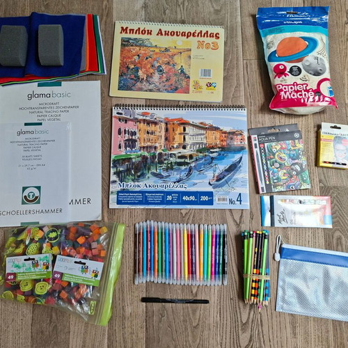 Art supplies set used for painting, crafts and visual arts