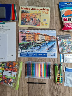 Art supplies set used for painting, crafts and visual arts