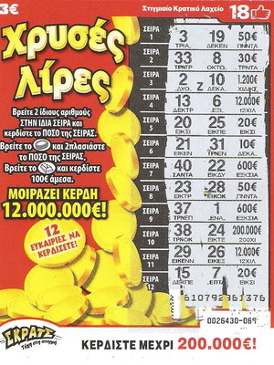 Scratch Lottery Ticket No37 used, Chryses Lires 2017
