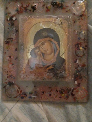Handmade Virgin Mary Icon in Modern Epoxy Resin Frame, like new