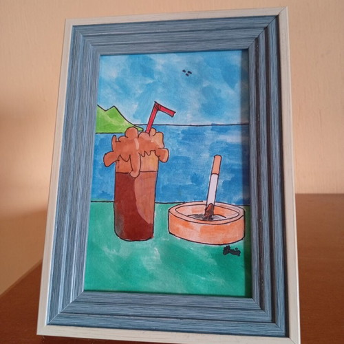 Frappé Drawing Inspired by Greek Summer, New, Watercolor and Ink