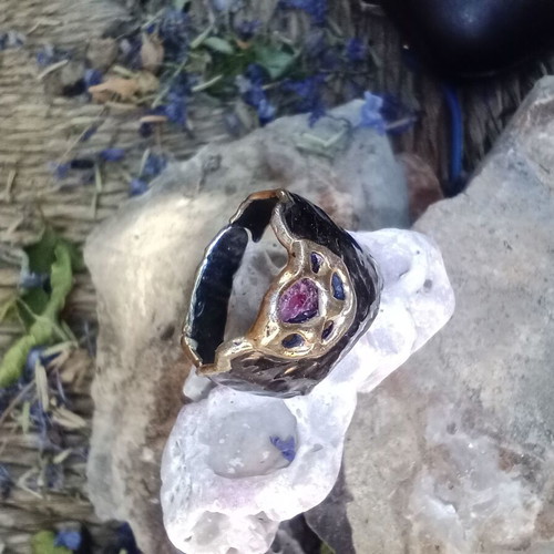 Large handmade silver (925) ring with ruby and 22k gold plating, like new