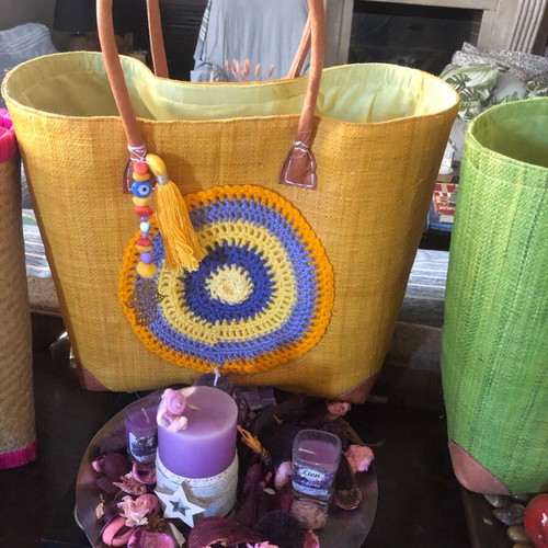 Handmade beach bag with boho details and leather handles, new
