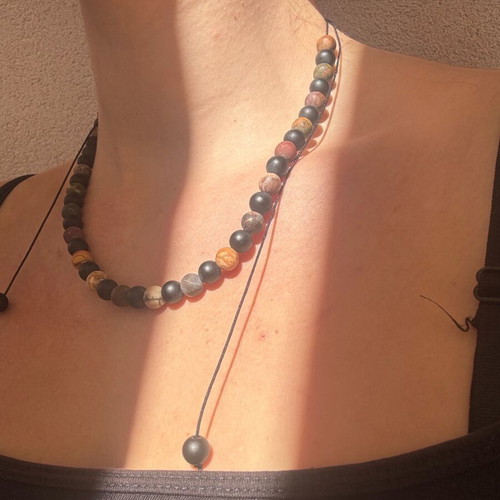 Necklace with natural stones black matte and colorful handmade new