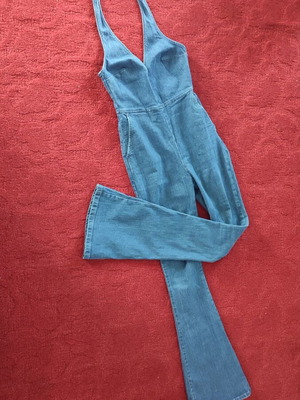 Asos denim jumpsuit like new, slim fit bell-bottom, halter neck