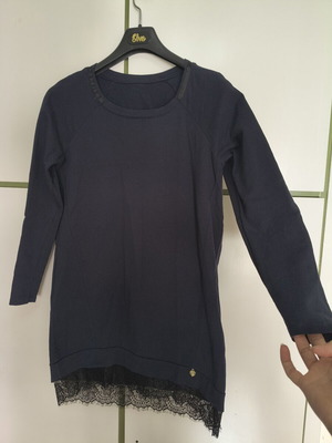 Italian long sleeve blouse with lace, dark blue, cotton