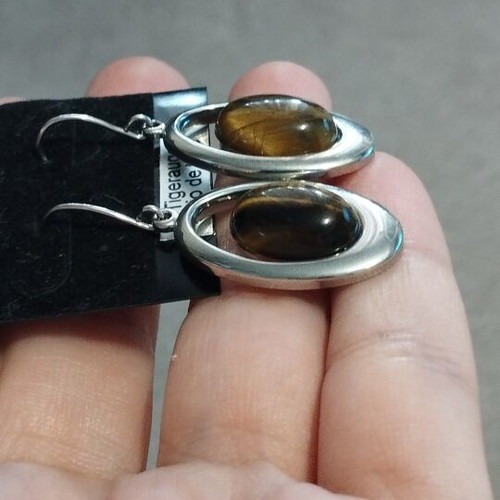 Bijou Brigitte Tiger's Eye Earrings, silver oval frame