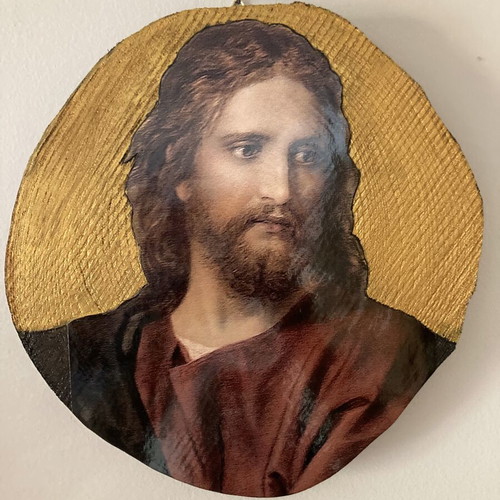 Jesus image silkscreen on oak wood