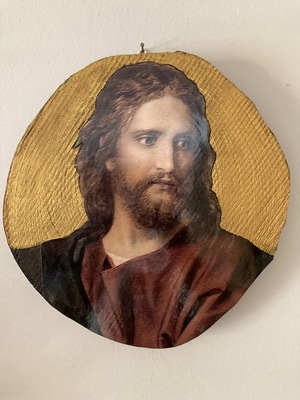 Jesus image silkscreen on oak wood