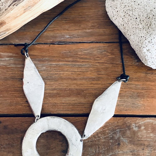 Vintage necklace with leather cord, new, black and silver