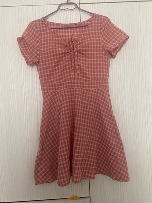 Checked peach dress used, size small, pink
