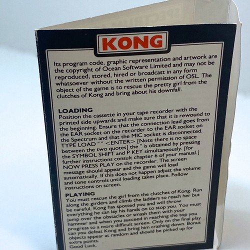 Kong 1983 Spectrum ZX tape cassette used, complete with manual
