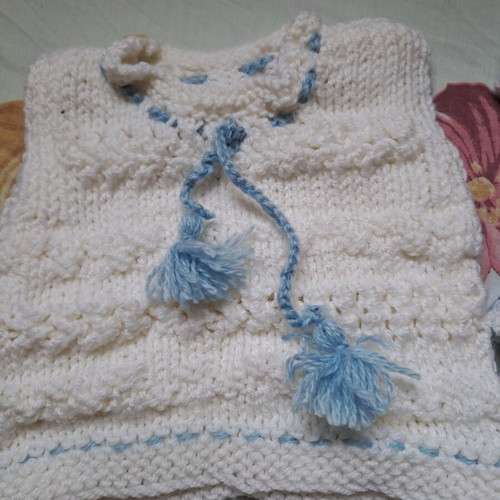 Handmade baby set with cardigan, shirt and booties, white and blue