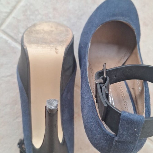 Heels with ankle strap used, dark blue with black heel and platform