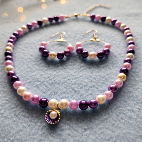 Handmade necklace and earrings set in shades of purple and pink, new
