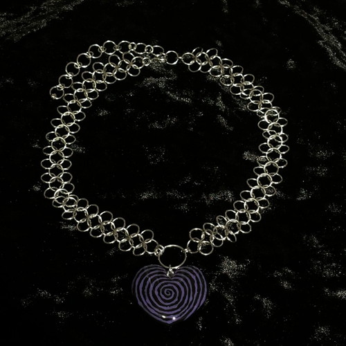 Chainmail Spiral Heart Necklace handmade, black and purple