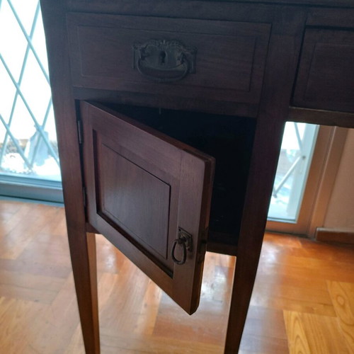 Antique desk like new with burgundy fabric and glass