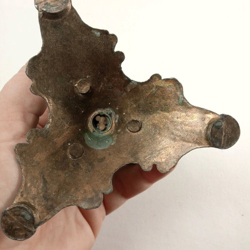 Candlestick old used brass with embossed decorations