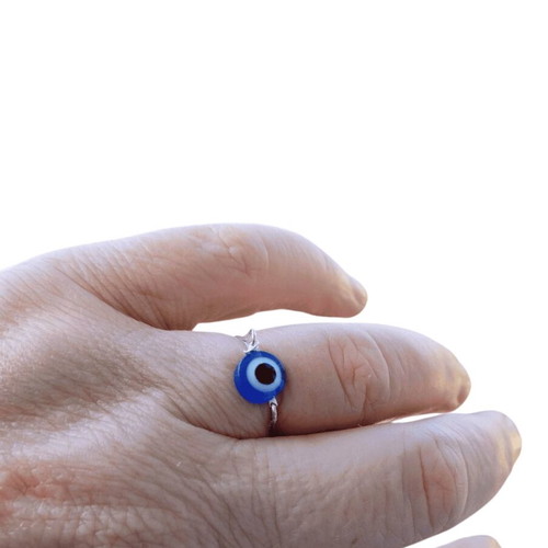 Handmade steel ring with blue evil eye
