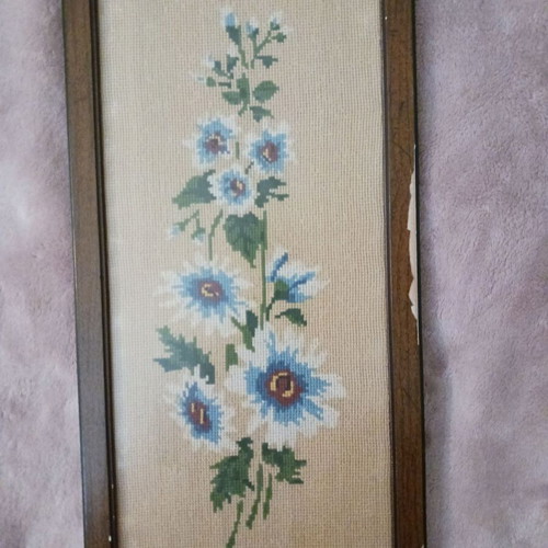 Vintage embroidered textile painting flowers used, framed