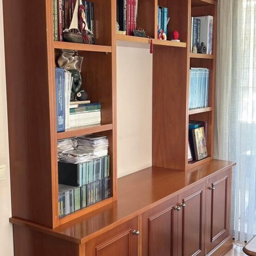 Solid beech wood bookcase with shelves and cabinets